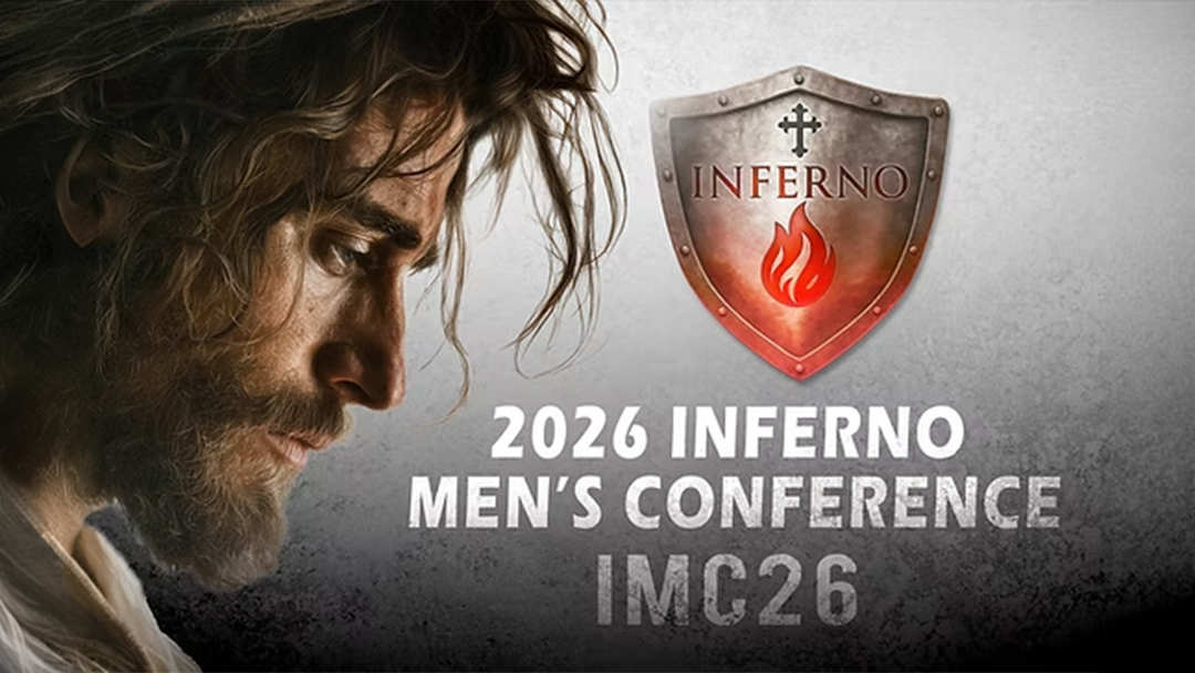 Bearded man in profile beside a red Inferno shield logo and the text '2026 INFERNO MEN'S CONFERENCE IMC26' on a promotional banner.