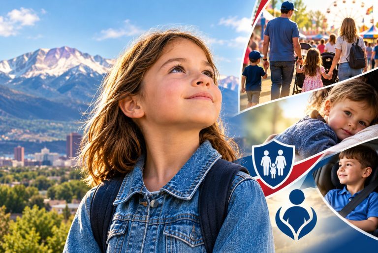 Child looking up with the Pikes Peak mountains in the background, representing Pikes Peak Citizens for Life's mission to protect kids
