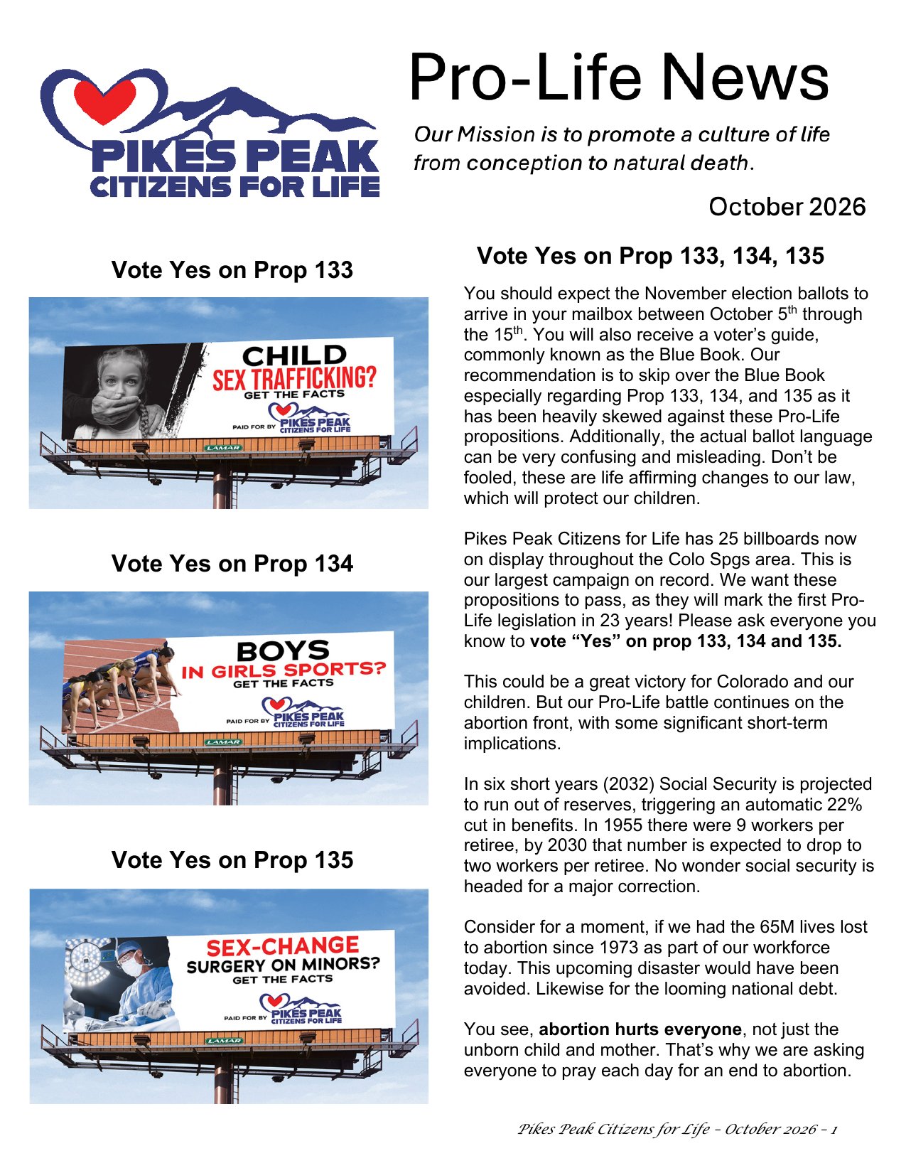 Cover of the October 2026 PPCFL Pro-Life News newsletter